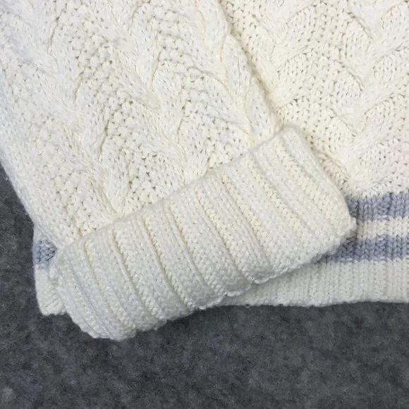 Lauren Ralph Lauren Sweater S M Preppy Cable Knit Blue Ivory V Neck Cuffed Braid - Picture 5 of 11